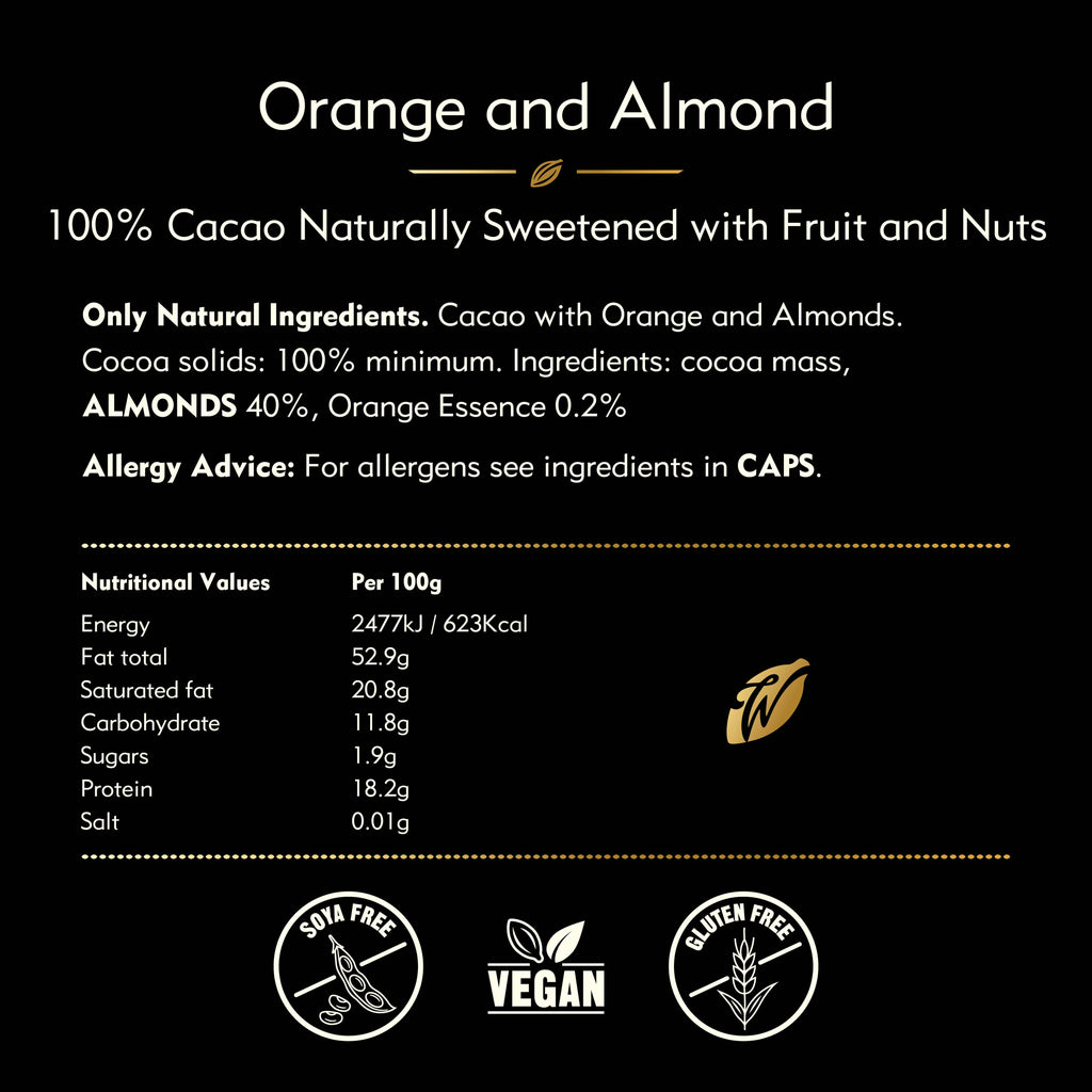 Orange & Almond. 100% cacao. No Added Sugar. Vegan. 50g bar