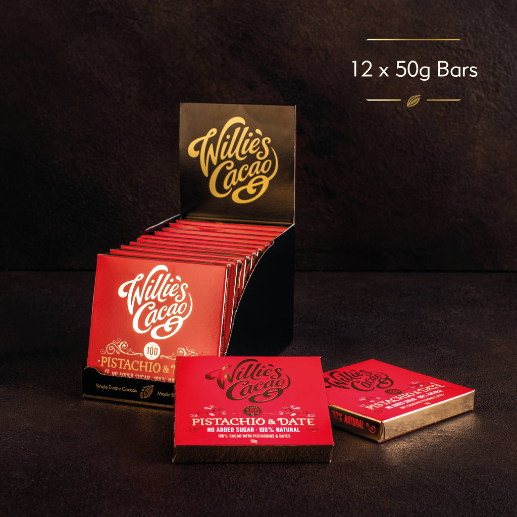 Pistachio & Date. 100% cacao. No added sugar. Vegan. 50g bar