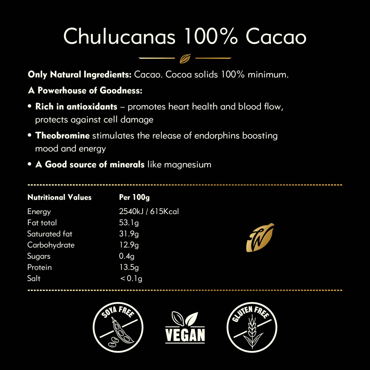 100% Chulucanas Cacao. Notes of raisins & plums. Vegan. 180g