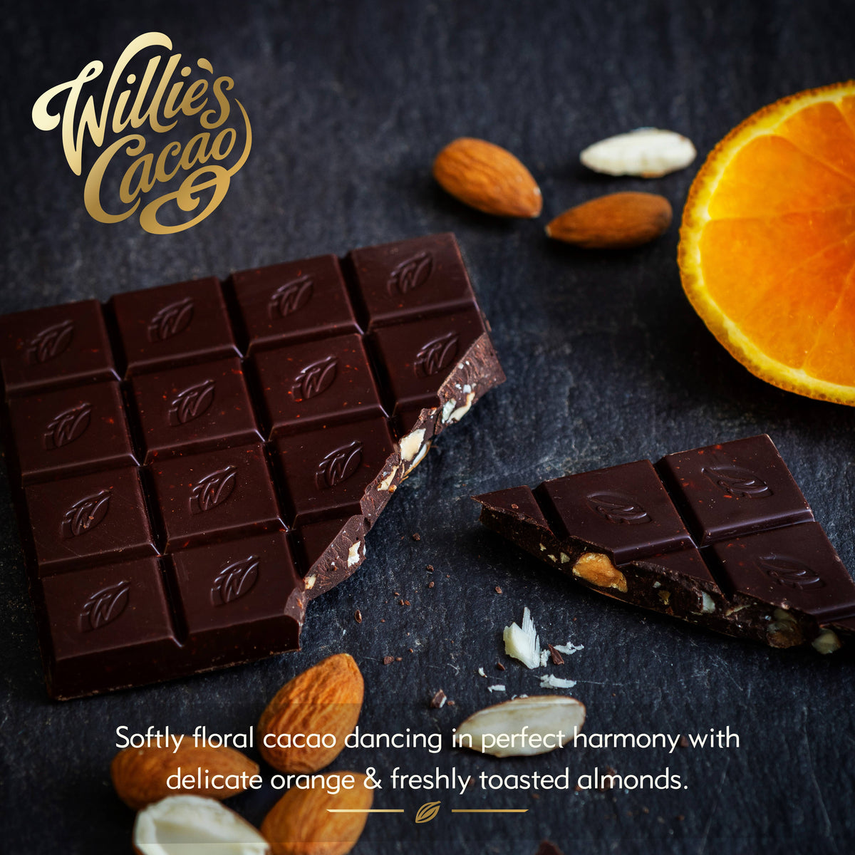 Orange & Almond. 100% cacao. No Added Sugar. Vegan. 50g bar