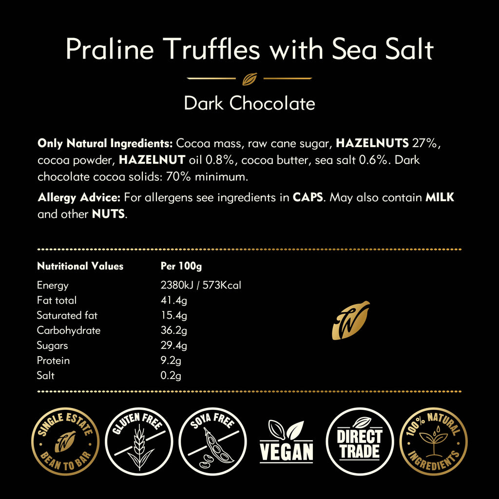 Dark Chocolate Praline Truffles w. Sea Salt. Vegan. x5  35g