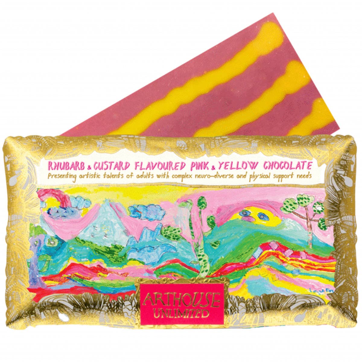 Peace, Rhubarb & Custard Flavoured Pink & Yellow Chocolate Bar