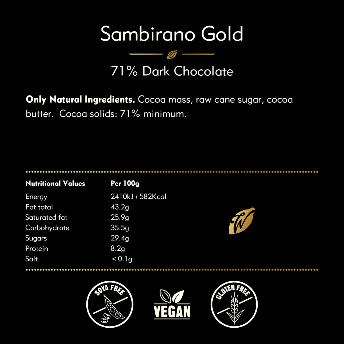 Sambirano 71% dark chocolate. Fruit notes. Vegan. 50g bar