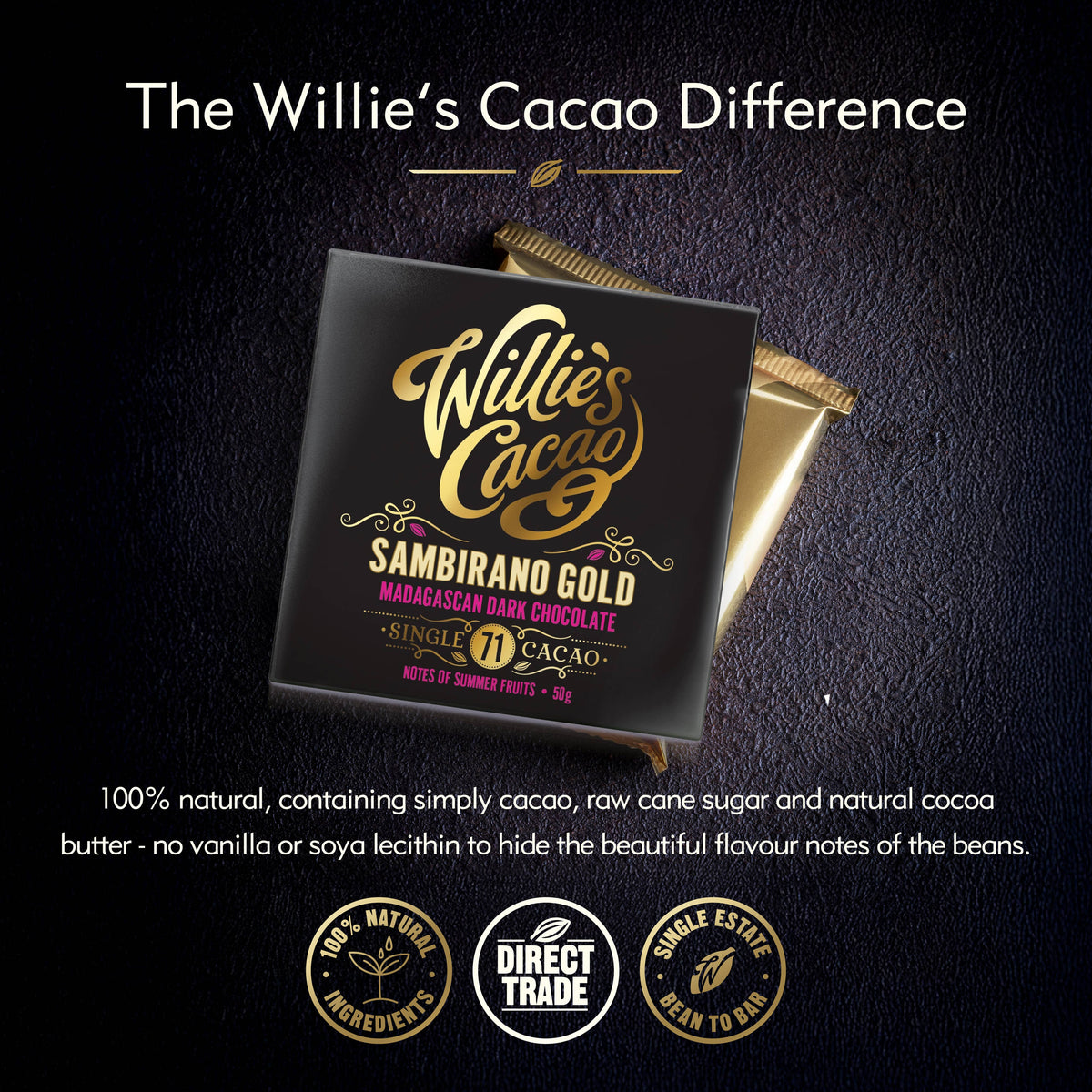 Sambirano 71% dark chocolate. Fruit notes. Vegan. 50g bar