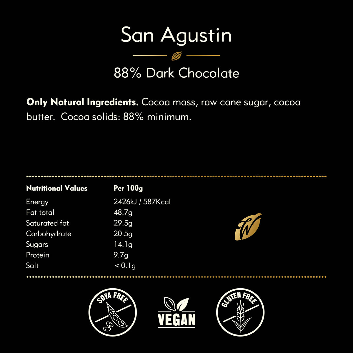 San Augustin 88% dark chocolate. Red fruit notes. Vegan. 50g