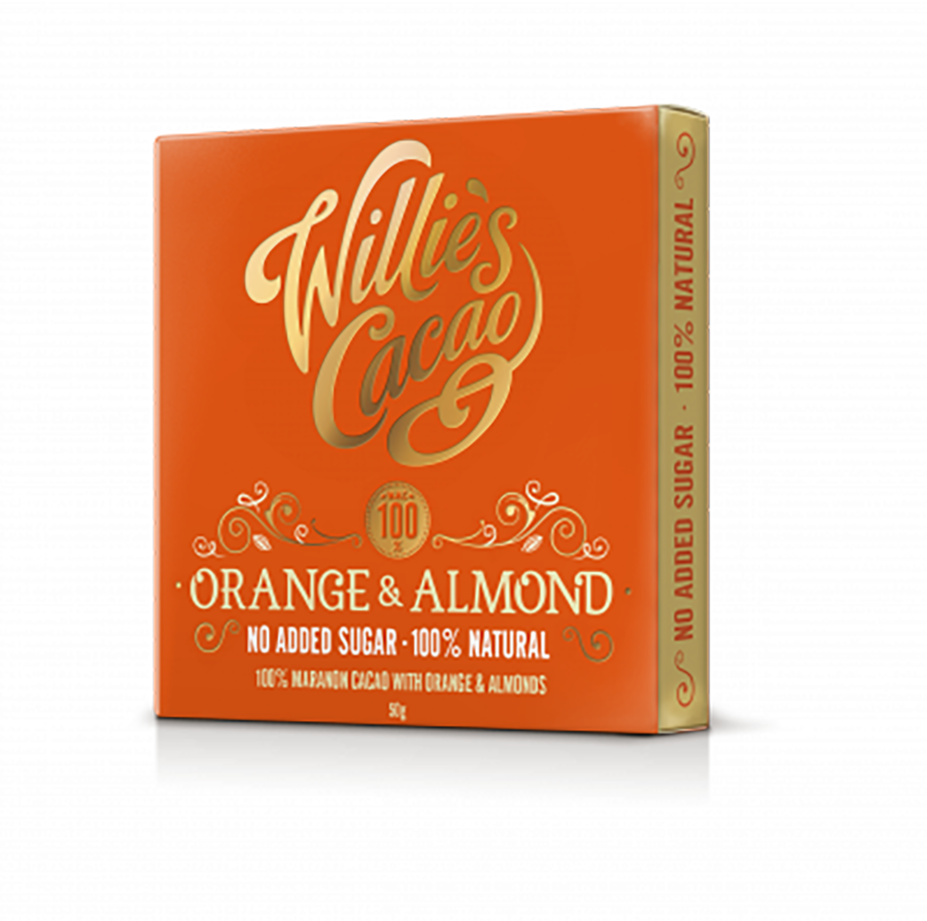 Orange & Almond. 100% cacao. No Added Sugar. Vegan. 50g bar