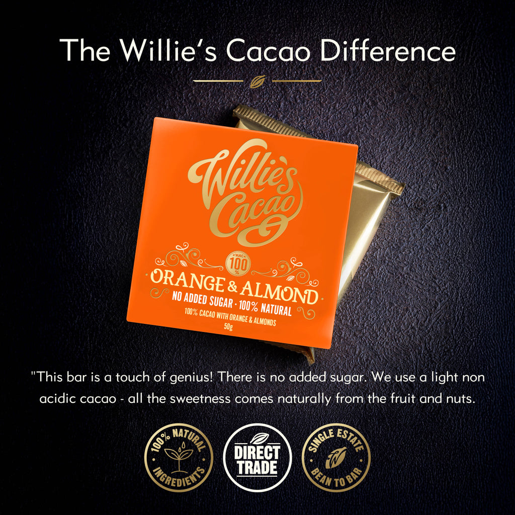 Orange & Almond. 100% cacao. No Added Sugar. Vegan. 50g bar