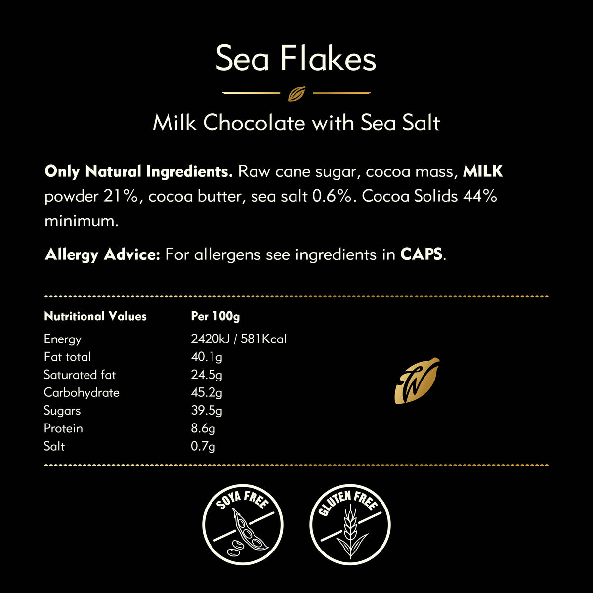 Sea Flakes. Milk chocolate with flakes of Sea Salt. 50g bar